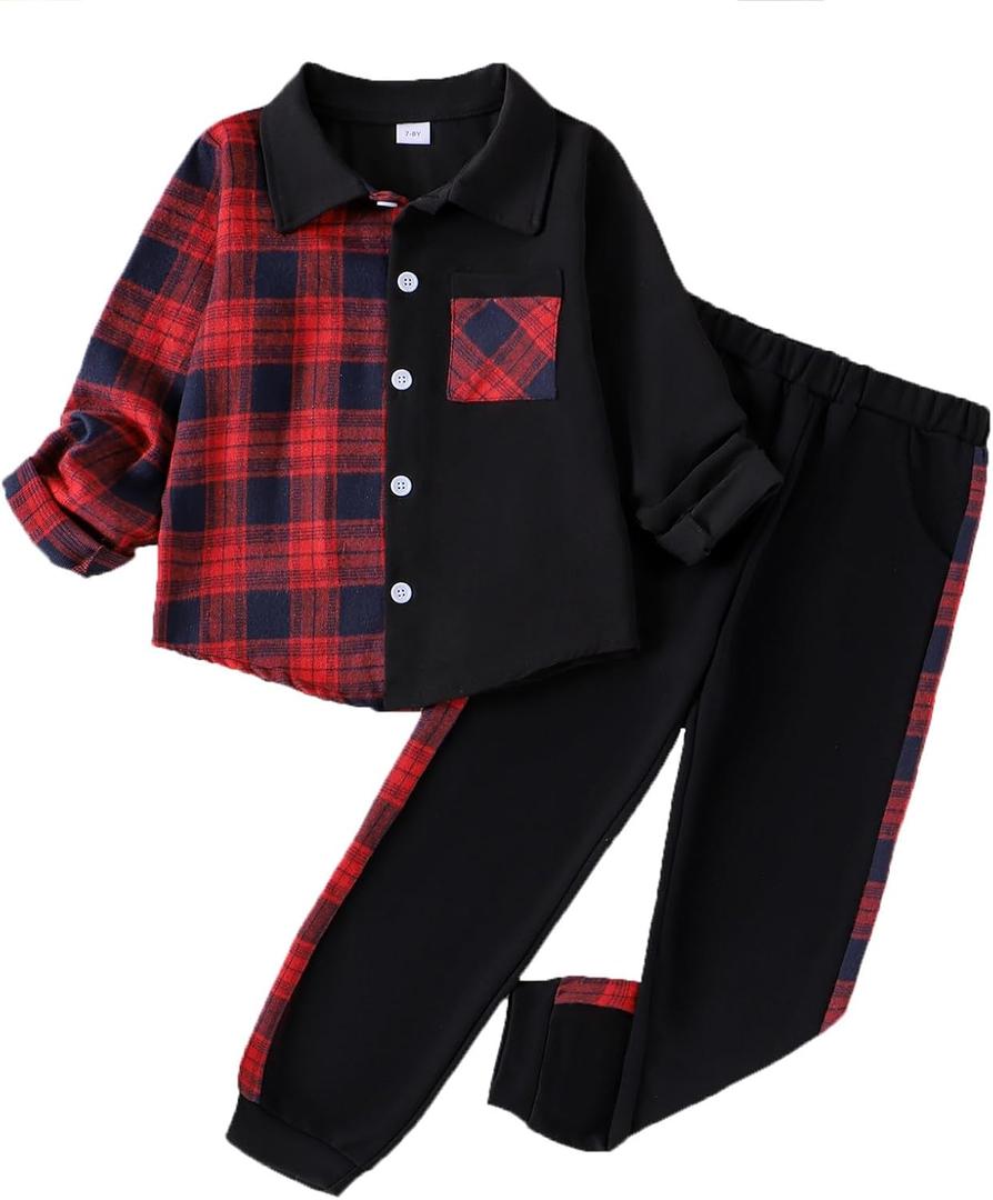 Boy Clothes Fall Winter Outfits Long Sleeve Plaid Patchwork Button Down Shirt + Casual Pocket Sweatpants (11-12 Years, Red)