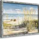 Beach Picture Wooden Artwork Framed: Coastline Wall Art Seascape Wall Decor Ocean Scene Art Prints for Bedroom 32"x24" (Blue Sea Wild Grass)