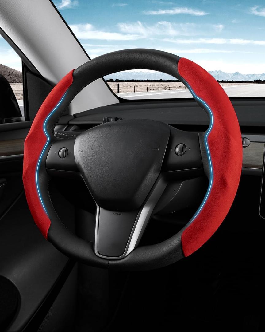 Shademax Custom-Fit for Tesla Steering Wheel Cover, Tesla Model Y/3 2017-2025 2026 (Fit Model Y Juniper 2026/ Model 3 Highland) Suede Steering Wheel Cover Non-Slip,Tesla Model Y/3 Accessories (Red)