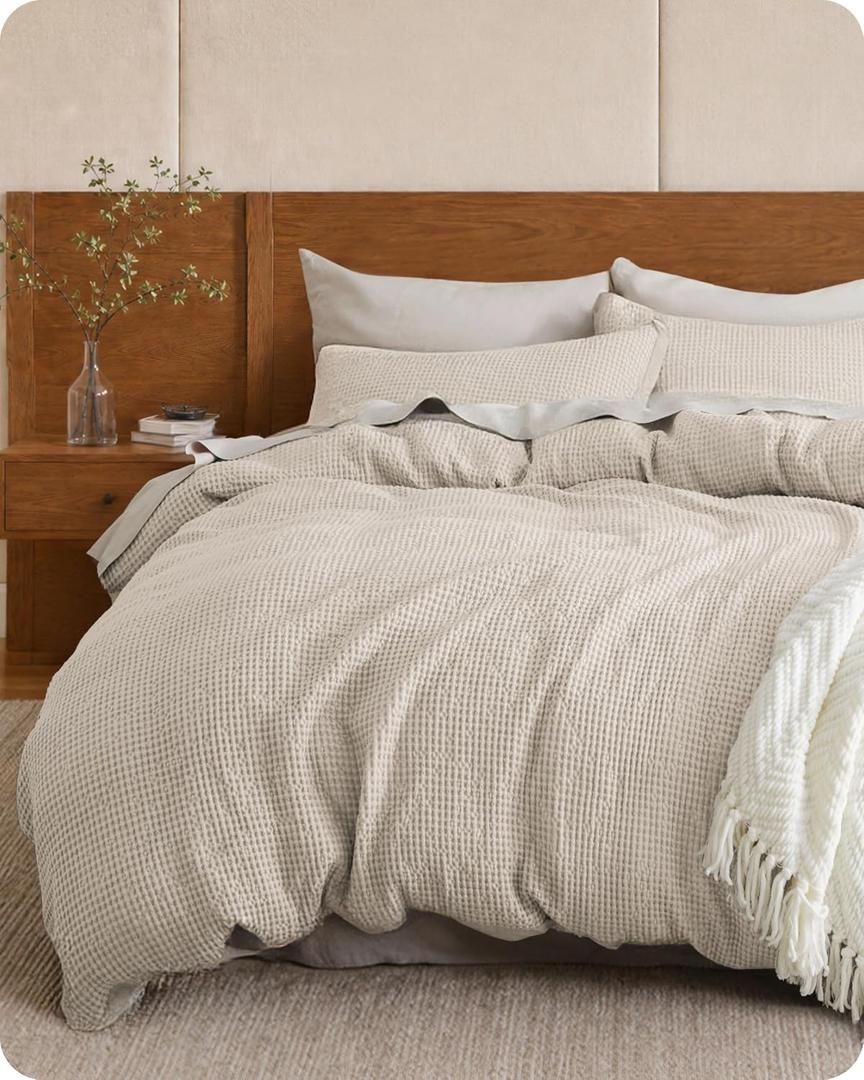 Bedsure PureWoven 100% Cotton Waffle Duvet Cover Set, 3 Pieces, Full, Beige