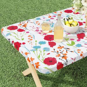 misaya Rectangle Vinyl Tablecloth, Fitted Table Cover, 100% Waterproof, Elastic Edge, Flannel Backing, Plastic Table Cloth Fit 6 Foot Folding Tables for Picnic, Camping, Outdoor (Flowers, 30x72 inch) (Off White)