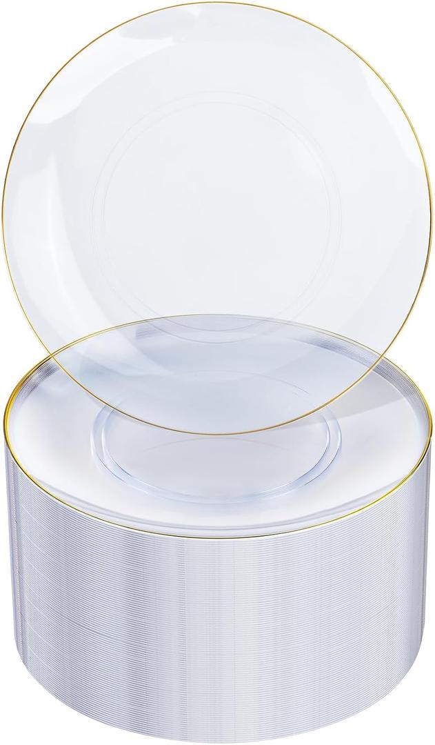 Nervure 100Pieces Clear and Gold Rim Plastic Plates - 7.5inch Disposabl Salad Dessert Plate - Clear and Gold Party Plates Ideal for Wedding & Party & Thanksgiving