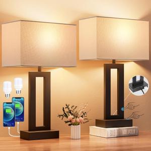 Nightstand Table Lamps for Bedrooms Set of 2 - Touch Bedside Lamp with USB C+A, 3 Way Dimmable Living Room Lamps for End Tables Set of 2, Modern Night Stand Lamps for Bed Side Guest Room (White)