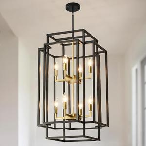 32" H Gold Foyer Chandelier, 8-Light Lantern Tiered Pendant Light Fixture, Large Chandeliers for High Ceilings, Industrial Farmhouse Hanging Chandelier for Entryway Dining Room