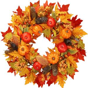 Sggvecsy Fall Wreath 22 Artificial Autumn Front Door Wreath with Pumpkin Cluster of Berries Maple Leaves Pine Cones Acorn for Outside Indoor Wall Window Festival Thanksgiving Harvest Fall Decor
