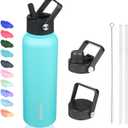 BJPKPK Insulated Water Bottles with Straw Lid, 40oz Stainless Steel Water Bottles with 3 Lids, BPA Free Leakproof Thermos, Tumblers, Cups for Sports, Gym- Turquoise (40 Ounces)