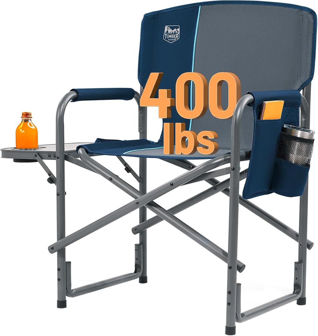 Timber Ridge Aluminum Oversized Camping Chair, Lightweight Portable Directors Chair with Side Table Detachable Side Pocket for Outdoor Camping, Lawn, Picnic, Support 400lbs Blue