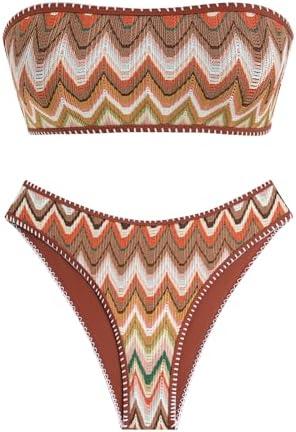 ZAFUL Women Strapless Ribbed High Cut Bandeau Bikini Lace Up 2 Pieces Swimwear, X-Large