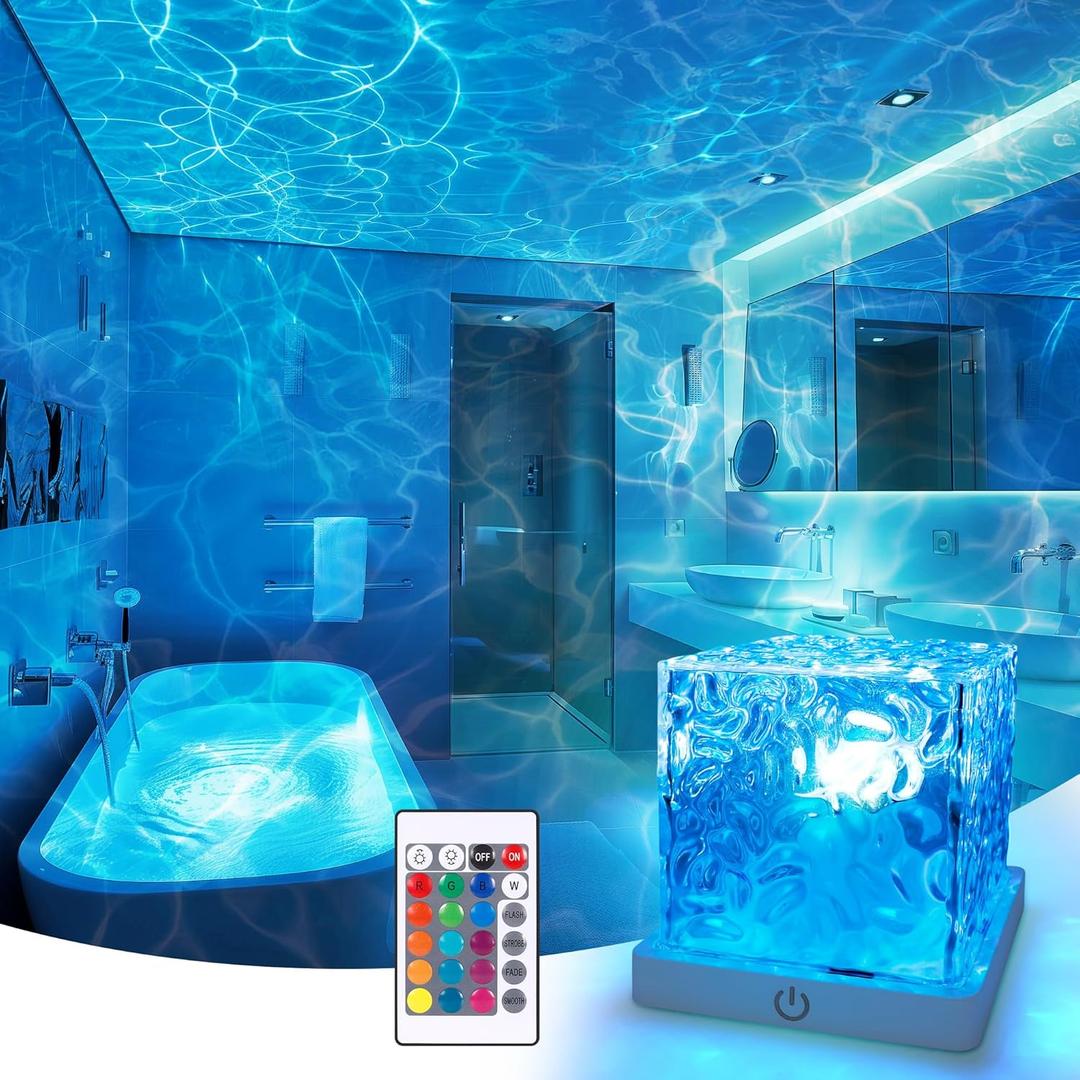 Rechargeable Shower Light No Wiring, 16 Color Changeable Ocean Wave Projector Light, Dimmableq Waterproof Shower Lamp with Remote, Rotating Flame Water Ripple Lamp for Shower, Bathroom, Bedroom Decor