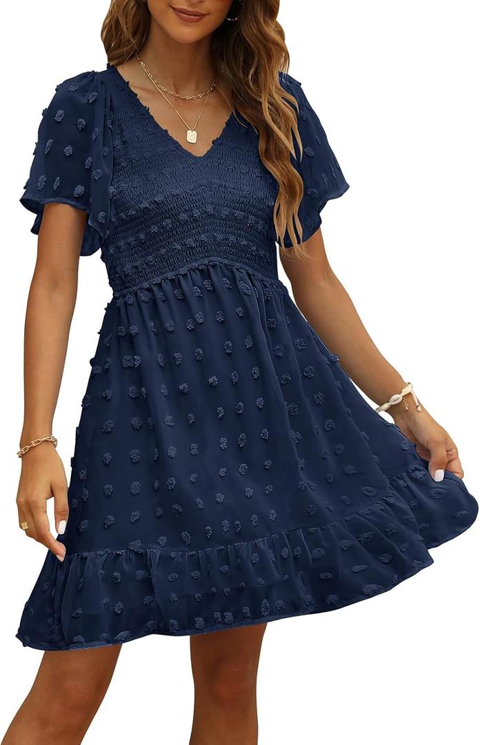 TECREW Womens Smocked Short Sleeve V Neck Mini Dress Summer Swiss Dot Flowy Short Dress (Small)