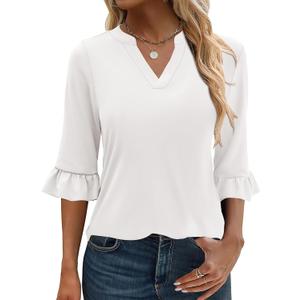 ANRABESS Blouses for Women Dressy Casual 3/4 Sleeve V Neck Shirts Business Work Tunic Tops 2026 Fall Outfits Clothes (XL, White)