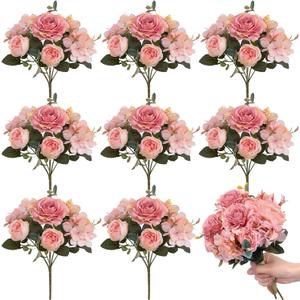 Yunsailing 8 Packs Artificial Peony Flowers Faux Silk Hydrangea Bouquet Vintage Wedding Home Table for Door Decor Reusable Bouquet of Rose Flowers for Valentine Wedding Birthday Party(Light Pink)
