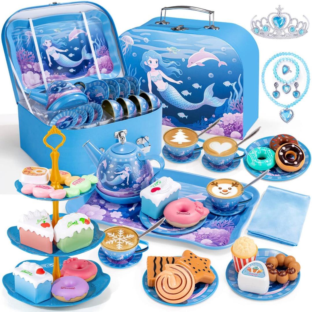iAOVUEBY Tea Party Set for Little Girls, 49PCS Princess Tea Time Toys Including Teaset Dessert Carrying Case, Kids Pretend Play Kitchen Toys, Toddler Girl Birthday Gifts for 3-8 Year Old, Sea