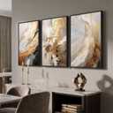 Framed Neutral Gold Abstract Wall Art for Bedroom, 3 Piece Set, 16x24 In, 16" W x 24" H x 3pcs