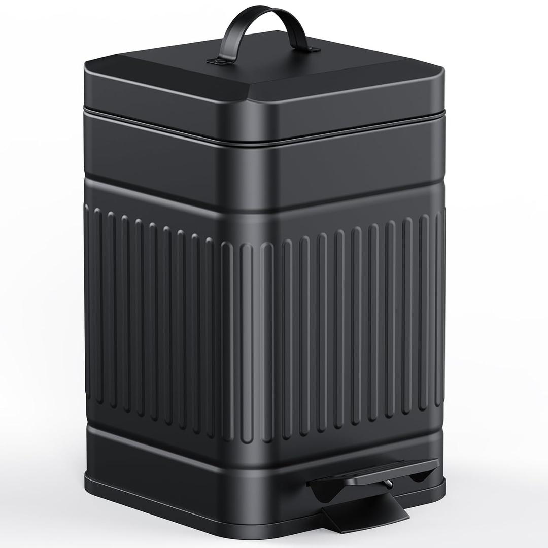 CEROELDA Small Can with Lid-5L/1.3 Gal,Stainless Steel Outdoor Dog Poop Garbage Can-Farmhouse Retro Metal Waste Bin w/Step Pedal for Bathroom Bedroom Office-Soft Close-Black