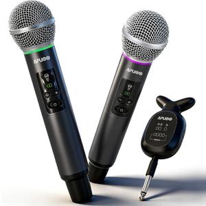 Wireless Microphone, All-Metal Wireless Microphones with RGB Light, Volume Control, 24H Rechargeable Battery, 200ft Range, Bluetooth Receiver with Wireless Mic for Karaoke, Singing, Speech