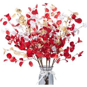 6pcs Eucalyptus Stems Fake Red Gold Silvery Christmas Decorations Leaves Artificial Silk Flowers Bouquet Faux Branches Centerpiece Flores Plants for Home Party Decor Wedding Decoration