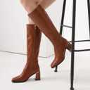Women's Knee High Boots Block Metal Heel Square Toe Side Zipper Soft PU Leather Classic Fashion Dress Long Boots (9.5, Brown)