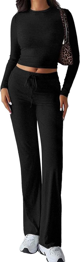 OLCHEE Womens Lounge Set 2 Piece Outfit Long Sleeve Ruched T-Shirt Top Wide Leg Pants Matching Loungewear Fall Tracksuit (Small, Black)