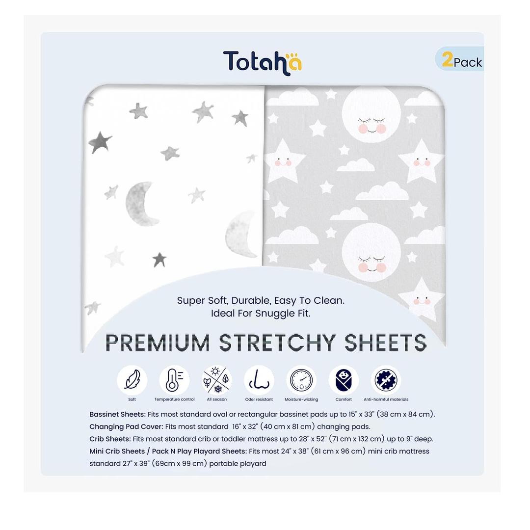 TotAha Premium Stretchy Crib Sheets (2-Pack)-Hypoallergenic, Silky Comfort, Buttery Soft, Calming Effect, All-Season Jersey-Knit Sheets, 9'' Extra Deep Pocket, Moon & Grey Sky