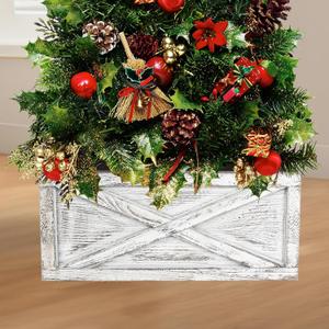 Wooden Tree Collar 22in, Christmas Tree Collar Rustic 4 Panels, Washed White Tree Collar Box 100% Solid Wood Disassemble with X-Pattern for Christmas Tree Decoration (Small)