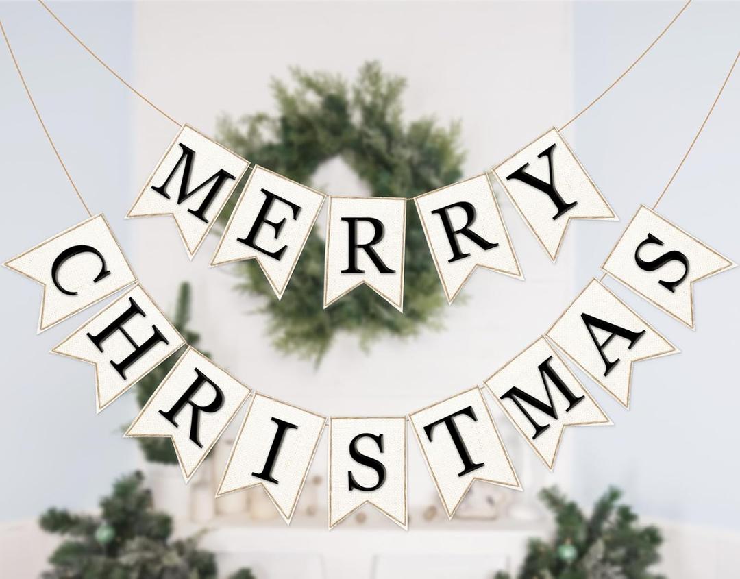 Whaline 2Pcs Christmas Burlap Banner Felt Merry Christmas Banner Black White Pre-Assembled Xmas Bunting Garland for Home Party Hanging Decoration Supplies