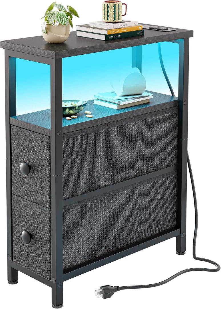 TIQLAB End Table with Charging Station, Narrow Side Table with 2 Fabric Drawers, Nightstand with LED Light, Slim Bedside Table for Bedroom, Living Room, Small Spaces, Black