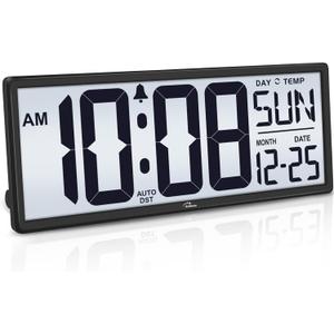 WallarGe Backlight Digital Wall Clock Battery Operated - with Temperature and Date 14.5'' Large Digital Wall Clock, Easy to Read and Set, Auto DST (Black)
