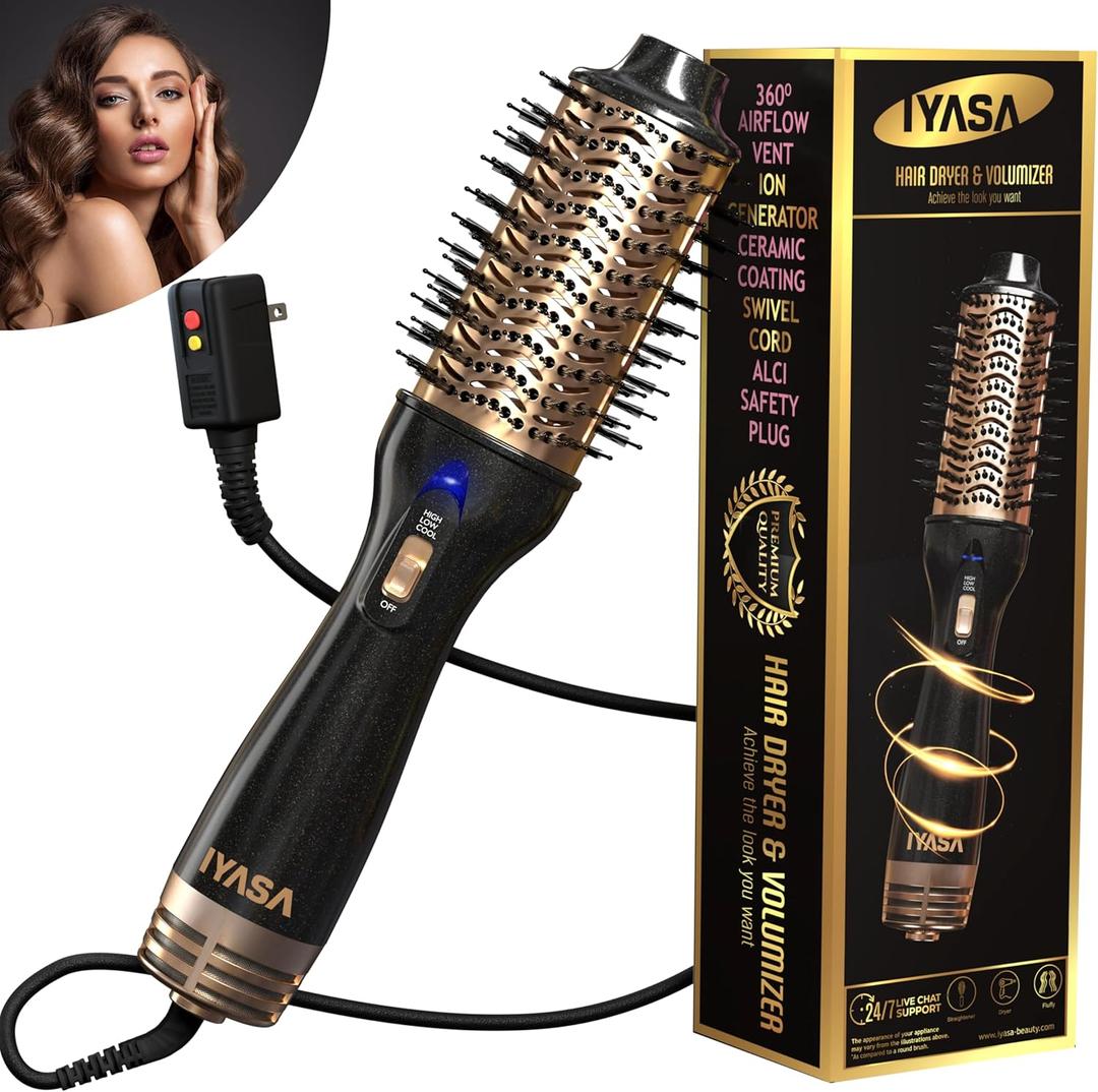 Premium 4-in-1 Oval Blow Dryer Brush, One-Step Hot Air Brush for Smooth, Hair Dryer & Volumizer, Salon Quality, Ionic Blow Dryer Styler & Straightener, Anti-Frizz, Large 3" Barrel, 13" Long (Black & Gold)