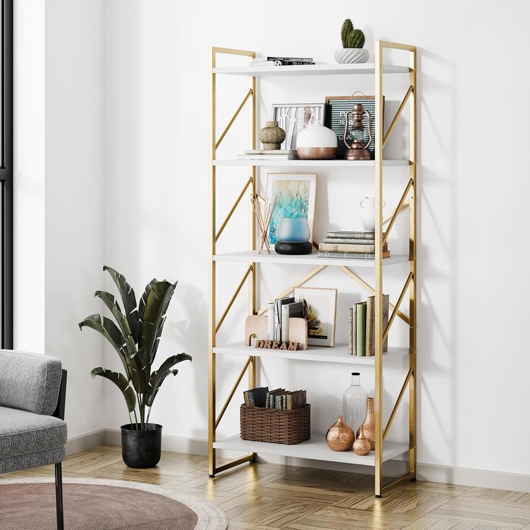 5 Tiers Bookshelf, Classically Tall Bookcase Shelf, Industrial Book Rack, Modern Book Holder in Bedroom/Living Room/Home/Office, Storage Rack Shelves for Books/Movies, Gold