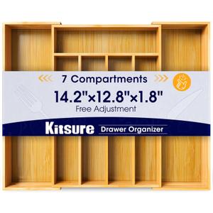 Kitsure Large Bamboo Silverware Organizer - Expandable Drawer Organizer for Utensil, Cutlery and Flatware, Kitchen Storage Solution with 6 to 8 Slots, Natural, 18.7"  12.8"  1.8"