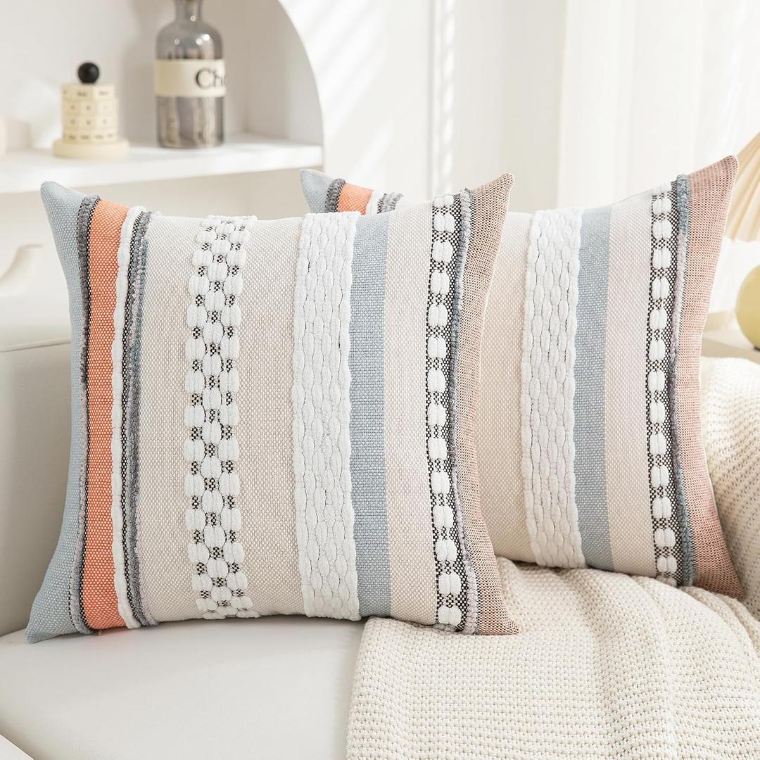 Boho Pillow Covers 18x18 Set of 2 for Couch-Modern Farmhouse Sofa Decorative Throw Pillow Covers Textured Chenille Cushion Covers Outdoor Netural Bohemian Pillow Cases Square (Orange-blue Stripe)