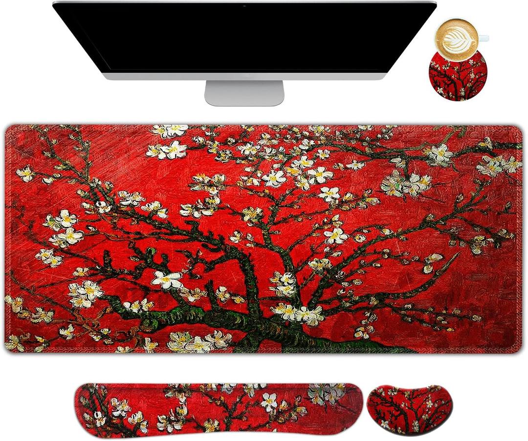 ARTSO Large Gaming Mouse Pad, Keyboard Wrist Rest Pad & Wrist Support Mousepad Set, Stitched Edge, Extended, Non-Slip Base, Memory Foam Desk Mat 4pcs for Office & Home, Red Van Gogh Painting