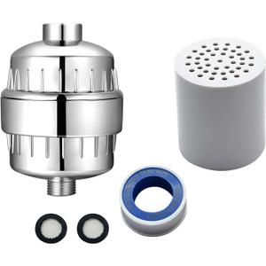 15 Stage Shower Filter and 1pcs Filter Element to Remove Chlorine and Fluoride, Reduces Dry Itchy Skin, Dandruff, Eczema, High Output Hard Water Filter Efficient Filtration