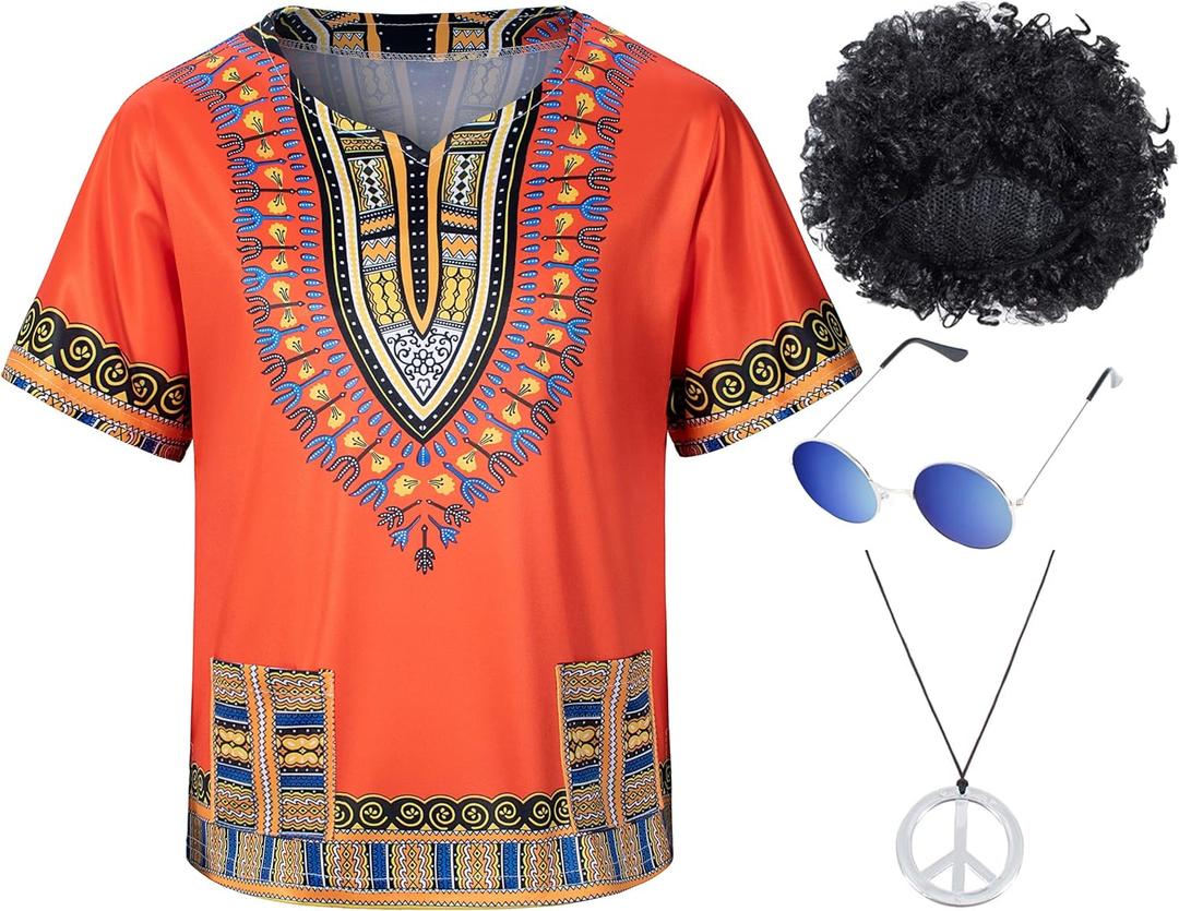 Kids Hippie Costume for Boys Girls 60s 70s 4 Pcs T-Shirt Afro Wig Set for Halloween Party Cosplay, 11-12 Years Yellow