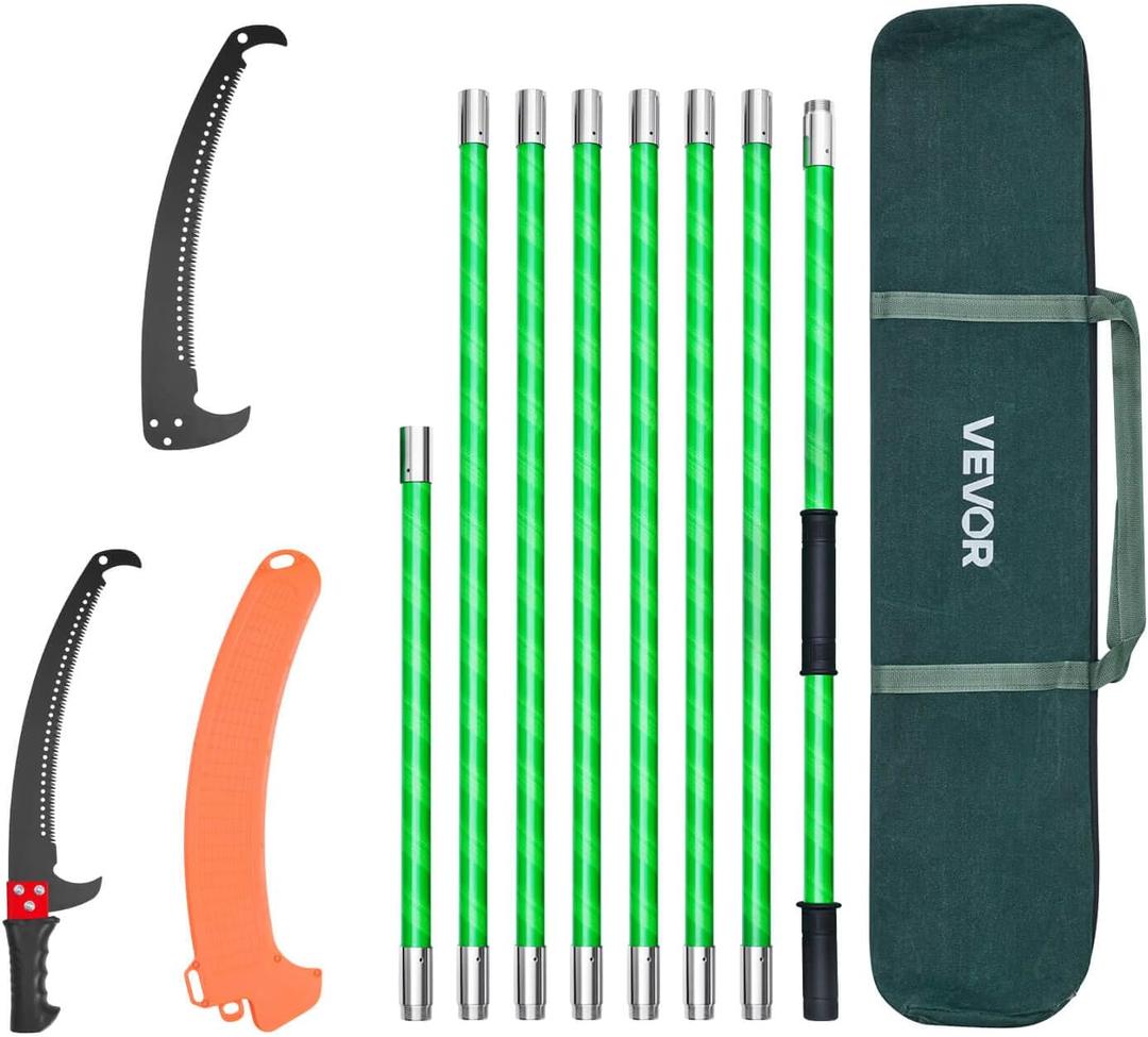 VEVOR Manual Pole Saw, 3.87-27 ft Extendable Pole Tree Pruner, Sharp 65Mn Steel Blade, Lightweight Fiberglass Handle Pole, Double-Hook Saw for High Branch Trimming, Pruning Tool for Palms, Shrubs
