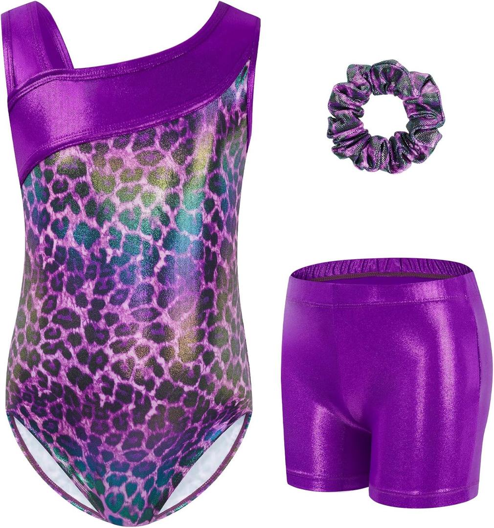 Gogokids Gymnastics Leotards for Girls Sparkly Rhinestone Dance Unitards Biketards with Shorts Activewear (6-7 Years, Purple)
