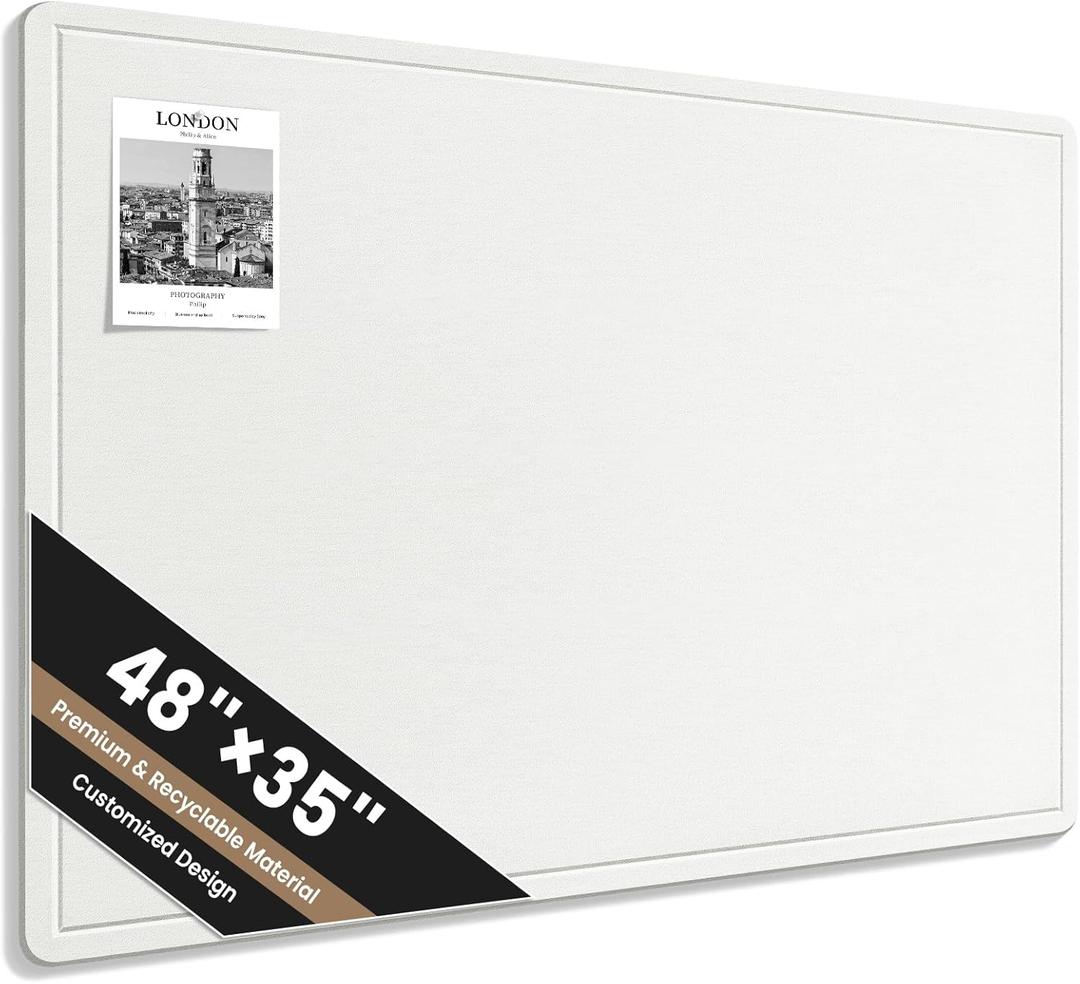Large Bulletin Board, 48 X 35 Inches Felt Cork Board with 40 Pushpins, Foldable Felt Notice Pin Board Photo Display Board with Self-Adhesive Tape for Office Home School (White, 48x35 inch)