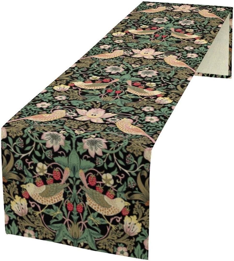 William Morris Floral Table Runner, Vintage Strawberry Thief Flowers Table Runner for Dining Table Decor 13 x 90 Inch