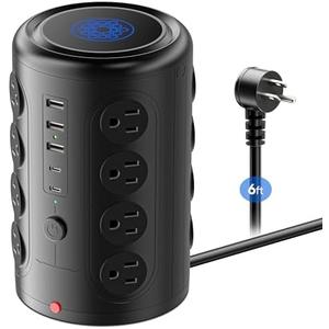 Heavy Duty Power Strip Tower with 16 Outlets and 5 USB Ports (2 USB-C), TenTrend 1500J Surge Protector with Multiple Outlets, 6 FT Extention Cord for Home Office Desk, Dorm Room Essentials Black