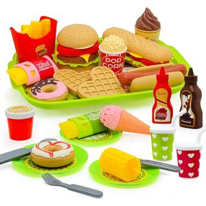 26PCS Pretend Play Kitchen Food Set - Dessert Toys with Hamburger, Hot Dog, Fries, Drink & Tray Detachable Play House Kitchen Accessories Role Play Toys Gift for Toddlers Boys Girls 3 4 5+ Years Old