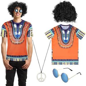 60S-70S Hippie Costume Set, Includes Black Afro Wig, Peace Sign Necklace, Retro Sunglasses, And T-Shirt, Size M