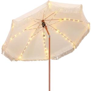 Fringe Patio Umbrella with Solar Powered String Lights, Boho Patio Umbrella for Outdoor, Garden, Deck, Pool, Push Button Tilt Pole