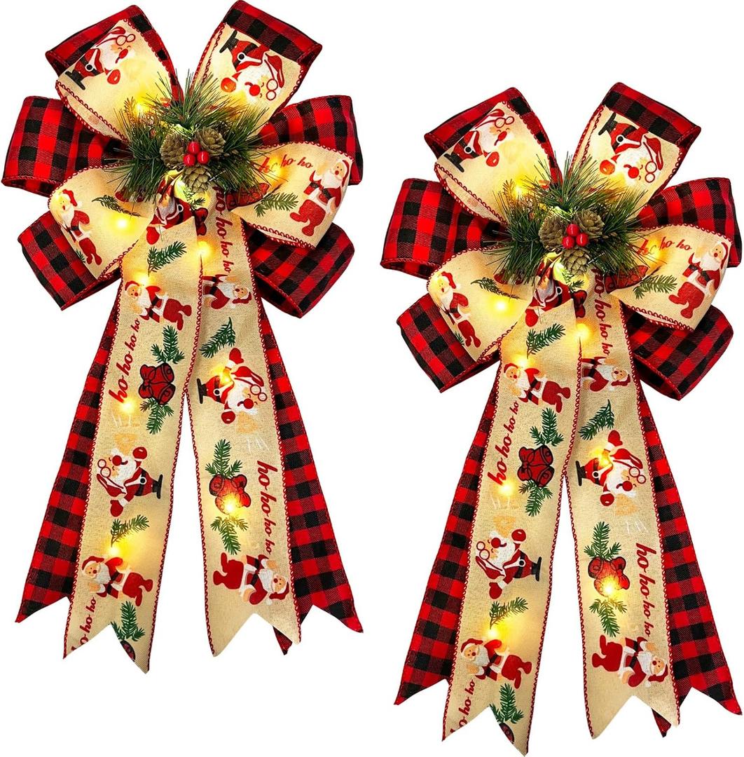 2 Pcs Prelit Christmas Bows Decor with 20 Lights, Santa Bells Black Red Buffalo Plaid Xmas Bows 20" by 11" Christmas Tree Wreaths Garland Bow Battery Powered Christmas Decorations Home Indoor Outdoor