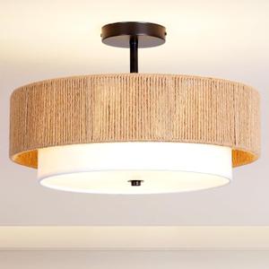 Lornwick Boho Rattan semi Flush Mount Ceiling Light,for Bedroom, 18'' Hemp rope&Fabric Gold