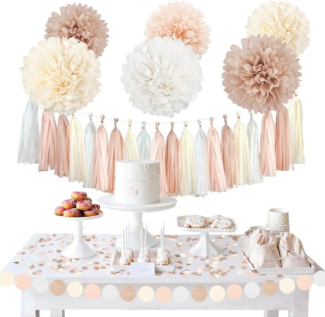 2 x NICROHOME EUR Boho Wedding Decorations, 28PCS Rustic Neutral Creamy White Tissue Paper Pom Poms Tassel, Dots Paper Garland Decor Packages for Baby Shower Birthday Bridal Shower Party Table