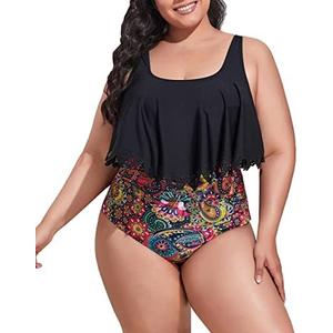 Mooncore Womens Plus Size Swimsuit High Waisted Tankini Bathing Suits Two Piece Flounce Bikini Swimsuit, Size 4XL