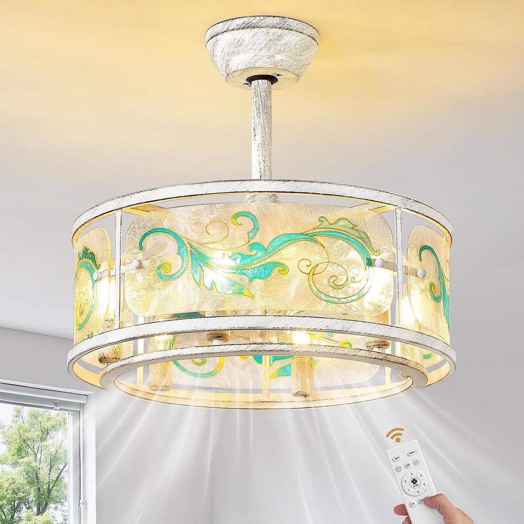 White Caged Ceiling Fans with Lights, 20'' Mid Century Chandelier Ceiling Fan with Light and Remote, Low Profile Ceiling Fan with 6 Speeds for Bedroom Nursery Kitchen