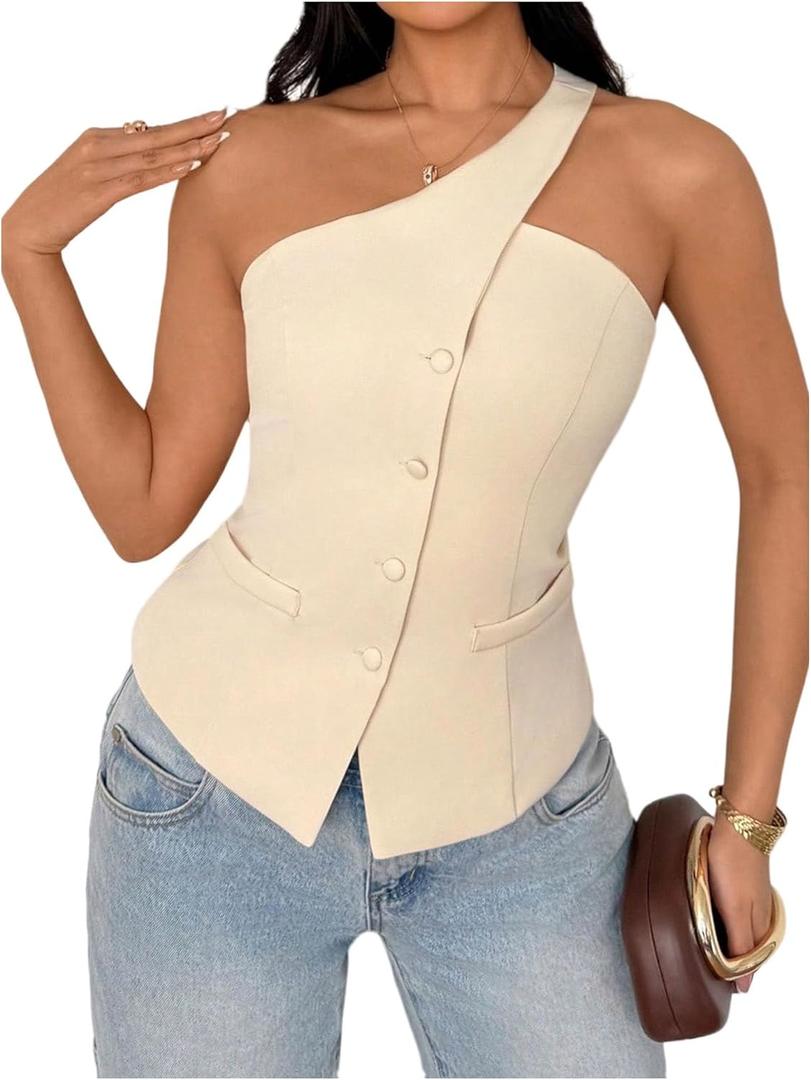 Floerns Women's One Shoulder Sleeveless Suit Vest Blazer Button Down Business Casual Waistcoat, XS