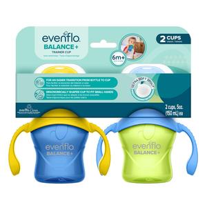 Evenflo Balance+ Trainer Cups for Baby, Blue and Green with Ergonomic Handles, 5oz, 2 Pack, Ultra Soft Spout, 6+ Months
